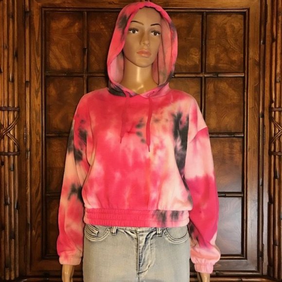 Raspberry Fleece Lined Cotton Blend Cropped Tie Dye Sweatshirt Hoodie - Picture 1 of 15